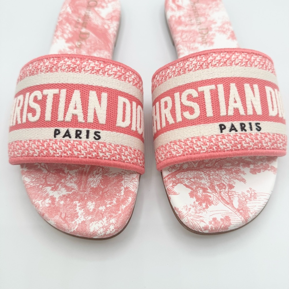 NEW Dior Pink White Dway Toile Embroidered Canvas Flat Slide Sandals Shoes - Picture 2 of 9
